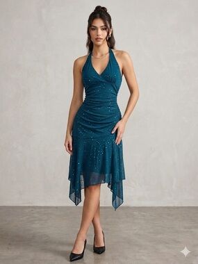 City Triangles y2k Teal Halter Sparkle High-Low Dress M sequin vintage M sexy